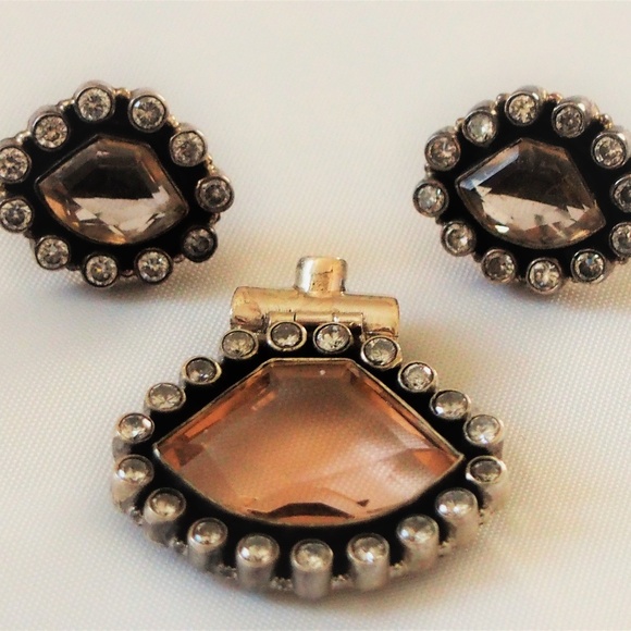 Vintage Jewelry - Rose Rhinestones SET Pendant Earrings .925 Silver